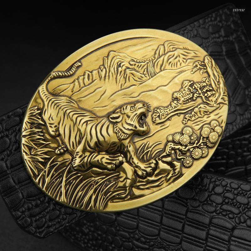 

Belts Tiger Belt Men Genuine Leather Designer Waist Strap Cowskin Cintos Masculinos Casual High Quality Luxury Waistband For Male, Black