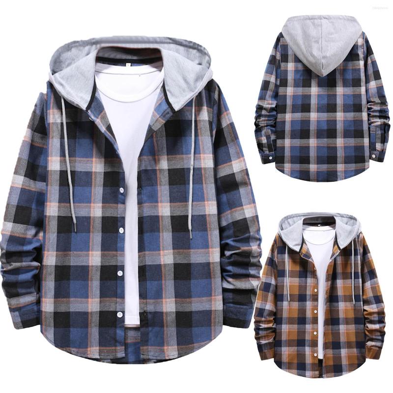 

Men' Jackets Men' Fall Trendy Drawstring Splice Hooded Plaid School Shirt Coat Thin Casual Loose Bottoming Top With Button, Red