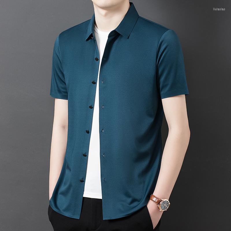 

Men's Casual Shirts 2022 Summer Seamless Silk Mens Dress Luxury Short Sleeve Solid Color Smart Male Simple Slim Man 4XL, Black