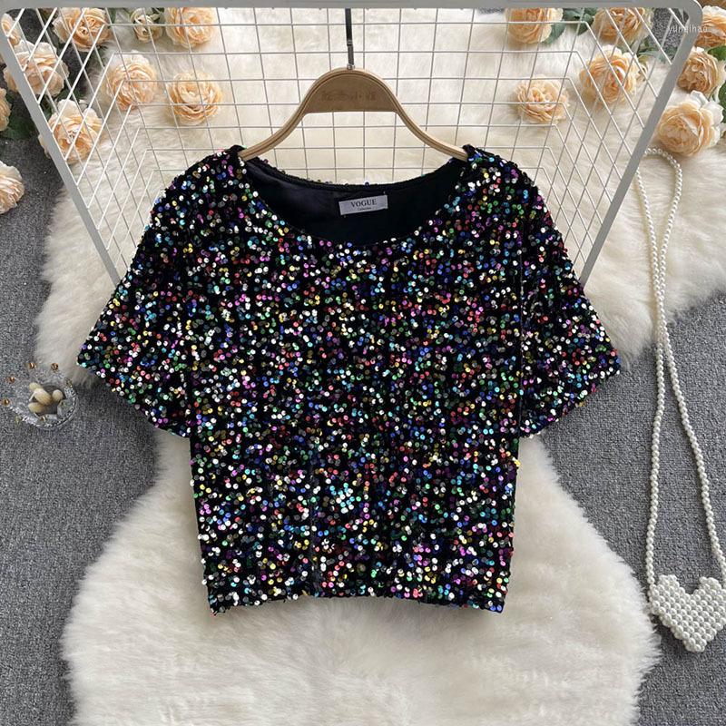 

Women's T Shirts Heavy Industry Sequin T-shirt Women's Design Sense Niche Loose All-match Short Round Neck Temperament Fried Street, Black