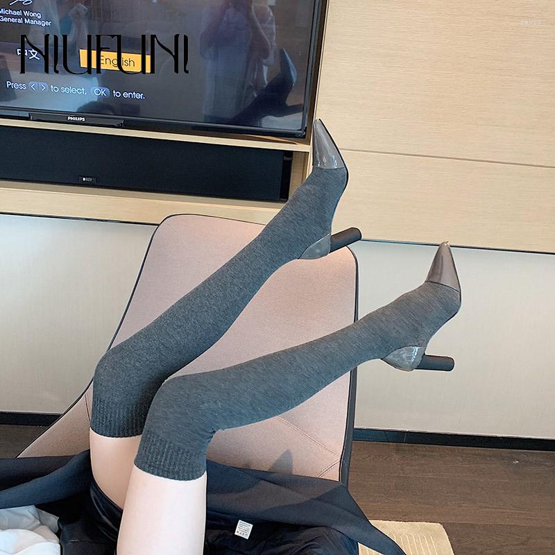 

Boots Fall Pointed Thick High Heels Over The Knee Women Socks Sexy Knitted Elastic Fabric Women's Slip-On Shoes, Black