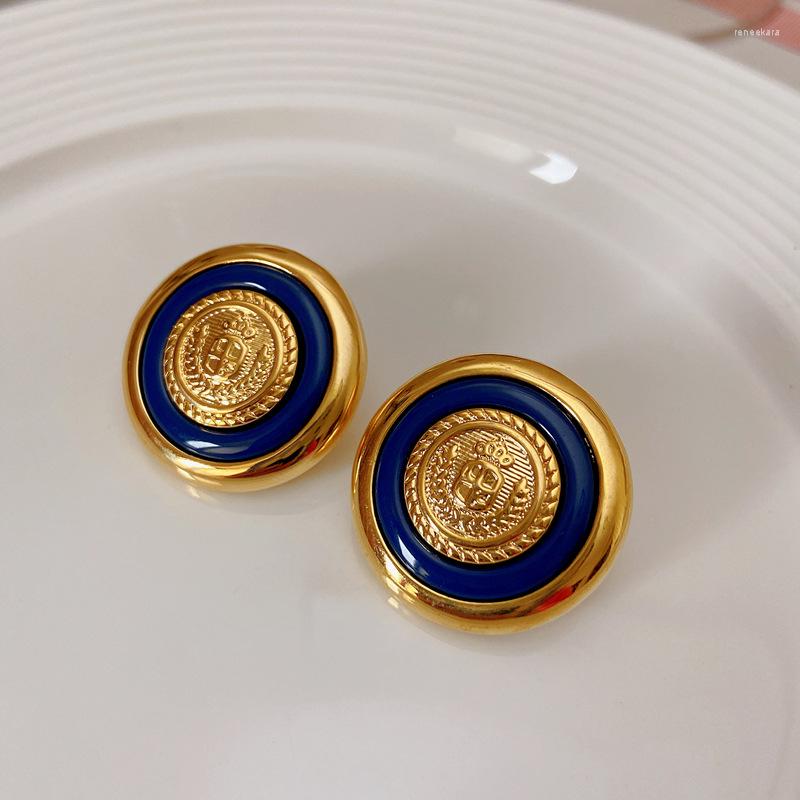 

Stud Earrings European And American Retro Metal Buttons Blue Badge Niche Design High-quality
