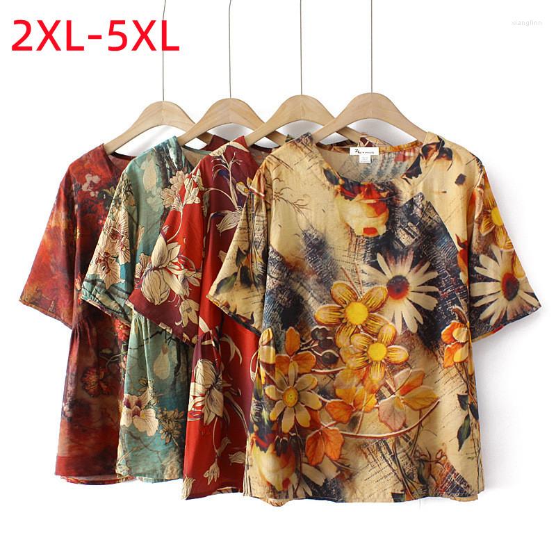 

Shirt 2022 Ladies Summer Plus Size Tops For Women Large Short Sleeve Loose Retro Floral Print T-shirt 2XL 3XL  5XL, Black