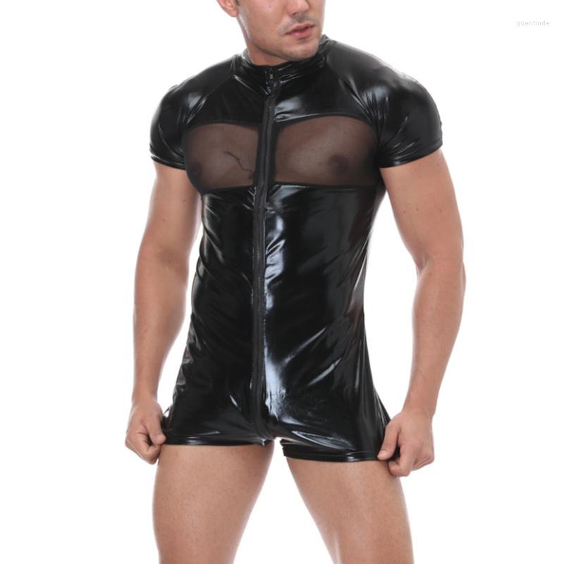 

Undershirts Sexy Mens Latex Catsuit Mesh Leather Bodysuit Wetlook Zipper Crotchless Wrestling Singlet Jumpsuit Clubwear Costumes, Black