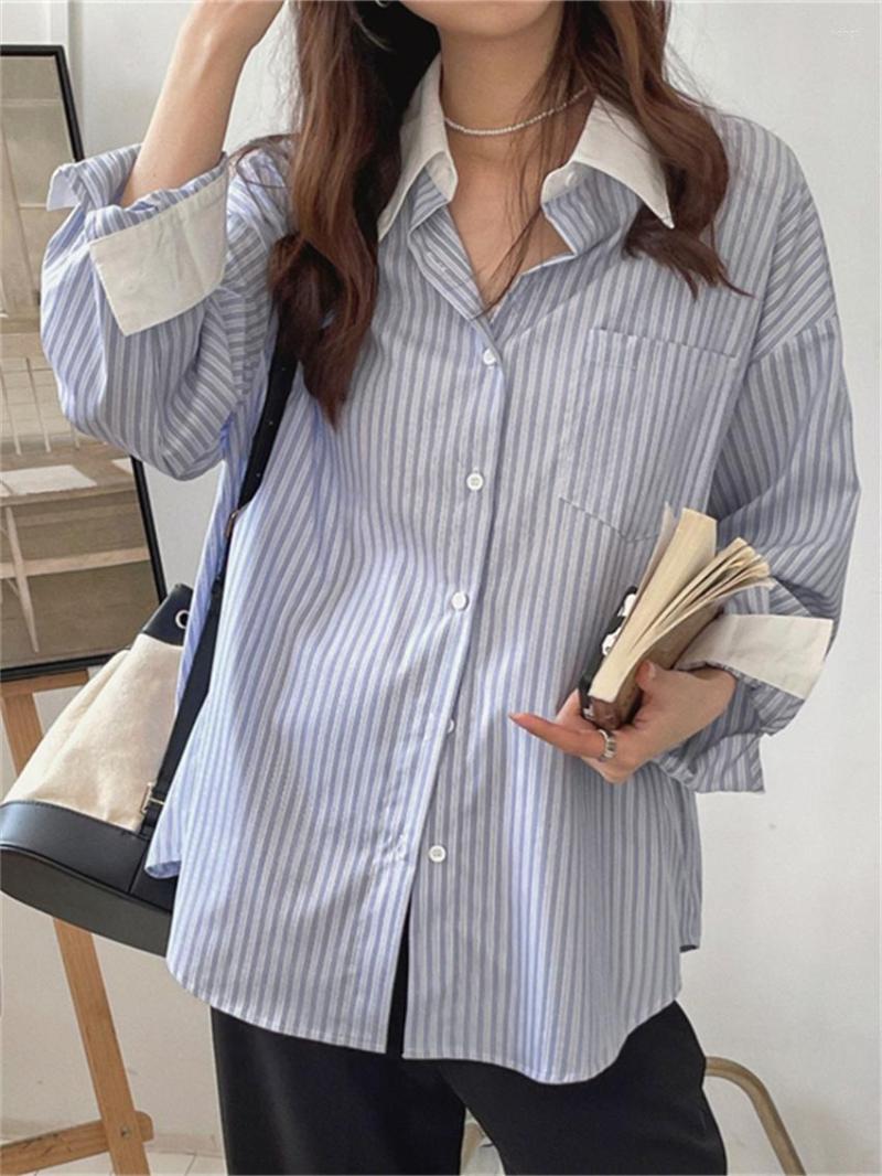 

Women's Blouses HziriP Blue Elegant Women Mid-Length Shirts Loose-Fitting 2022 Spring OL Stripes Casual Mujer All Match Streetwear Tops, Beige