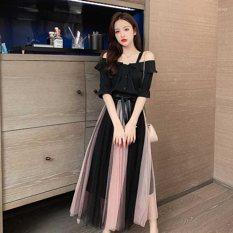 

Work Dresses Off Shoulder Solid Shirts Color Matching Mesh Long Skirt Sets Summer Casual Ruffles Slash Neck Female Two-piece Suit