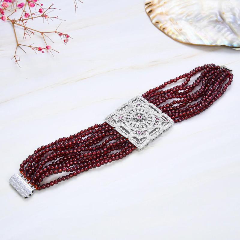 

Strand Natural Stone 8'' 11 Strands Round Garnet Bracelet CZ Connector