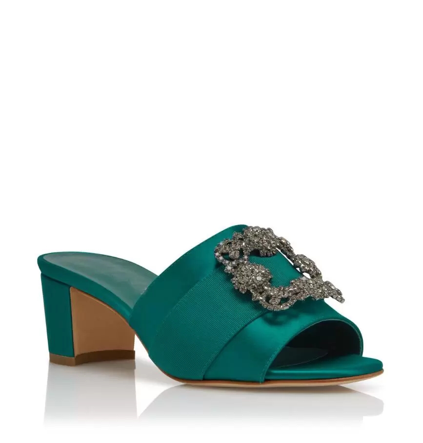 

Fashion Summer Martanew Satin Sandals Shoes For Women Jewel Buckle Square Crystal Mules Slip-on Block Heels Lady Sexy Walking