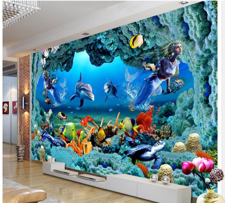 

3d wallpaper custom po Underwater tunnel mermaid fish TV background wall living room Home decor 3d wall murals wallpaper for wa1000758, Non-woven