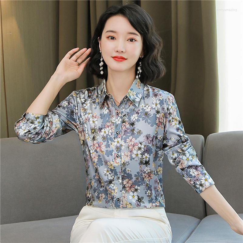 

Women' Blouses Chiffon Women' Blouse Print Polo Summer Loose Shirt Silk Button Casual Long Sleeve Top Movafag, Photo color
