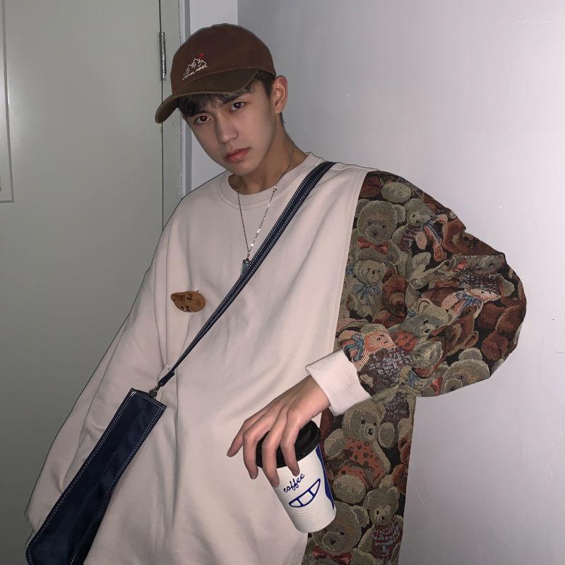 

Men's Hoodies Men's Casual Oversize Patchwork Sweatshirts Woman Korean Streetwear Bear Graphic Printed Man Clothing, Blue