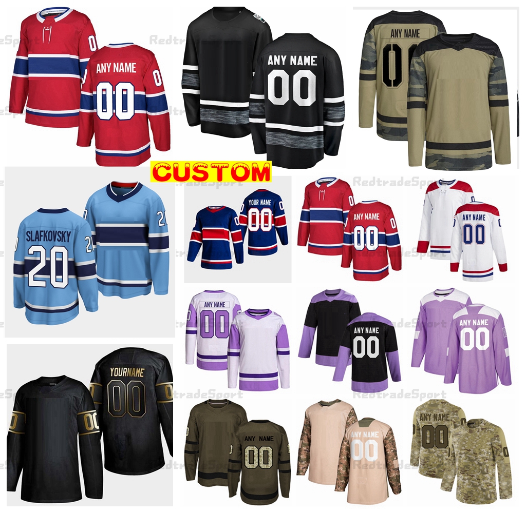 

2022 Reverse Retro Custom Hockey Jerseys Slafkovsky Caufield Price Gallagher Suzuki Anderson Camo Fights Cancer Dach Harvey-Pinard Dvorak Hoffman Drouin Monahan, Purple
