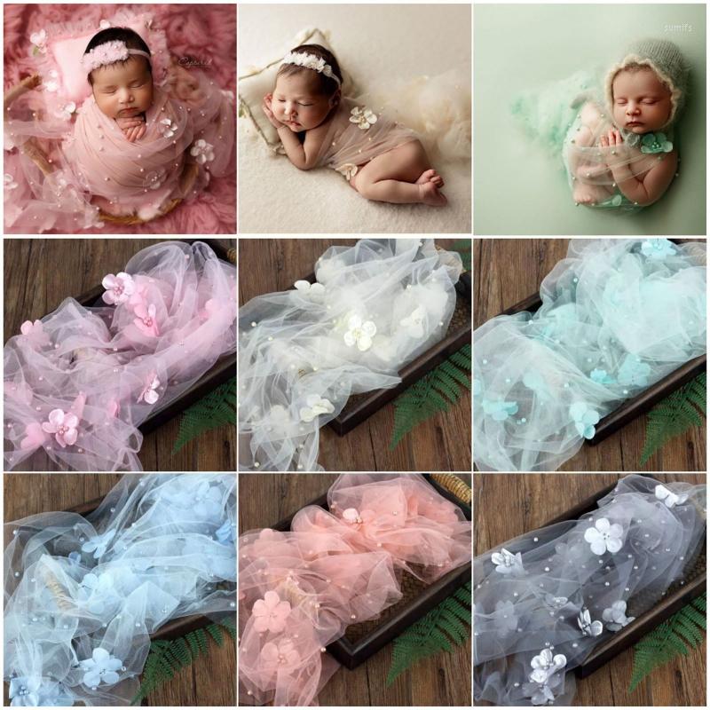 

Blankets 1Pc Born Pography Props Transparent Mesh Yarn Pearls Flowers Blanket Baby Swaddling Wrap Infants Po Shooting Backdrop, Blue