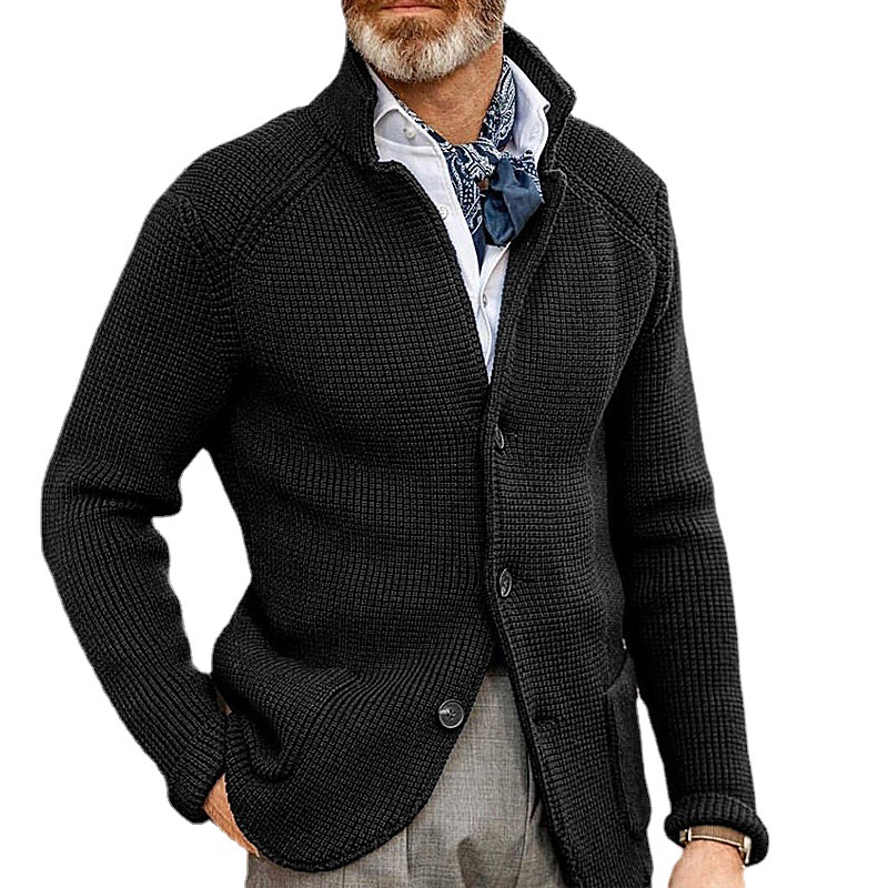 Hommes Col Stand Cardigan Chandails Costume Slim Fit Câble Tricot Pull Boutonné Manteau avec Poches Automne Hiver