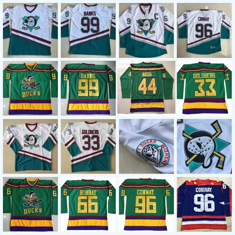 

96 Charlie Conway The Mighty Ducks Moive Hockey Jersey 33 Greg Goldberg 99 Adam Banks 66 Gordon Bombay 44 Reed INSTOCK Double Stitched Name, 96 white