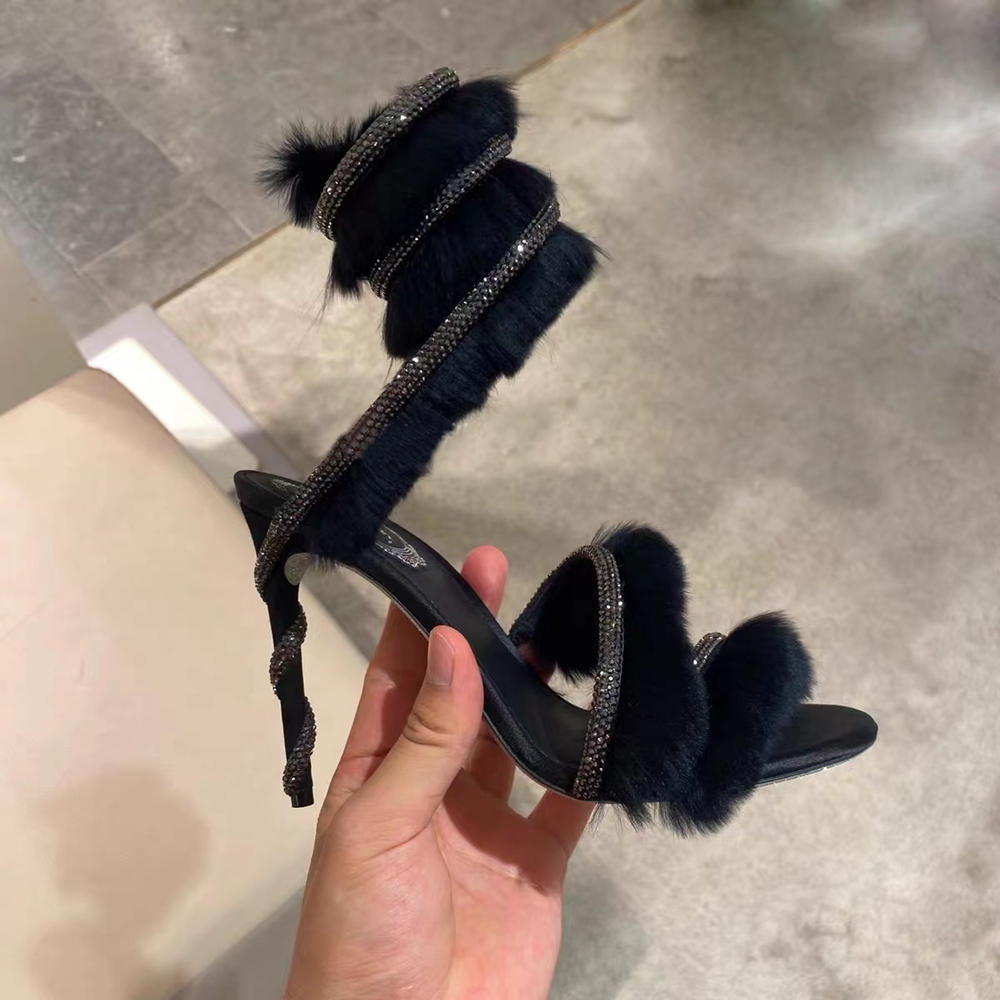 

Rene caovilla Margo leather and fur Heels Sandals Rhinestone embellished Snake stiletto Heel sandals Luxury Designers Ankle Wraparound shoe women high heeled, Black