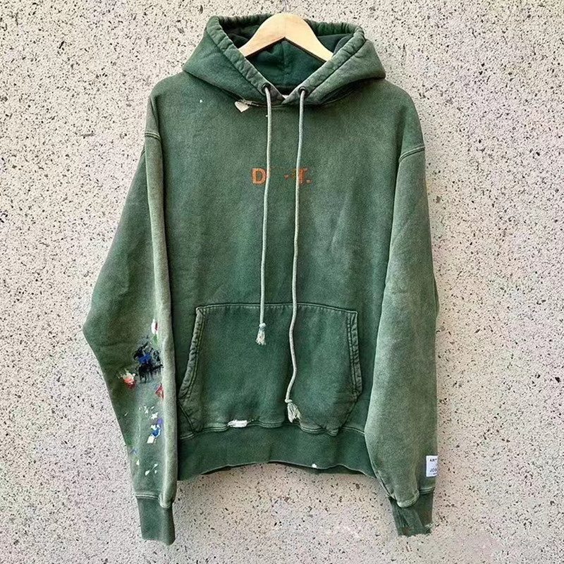 

Men' Hoodies Sweatshirts galleryes Depts Hand-painted Graffiti Speckled Letters Printed Hoodie High Street Wash Worn, Dark green