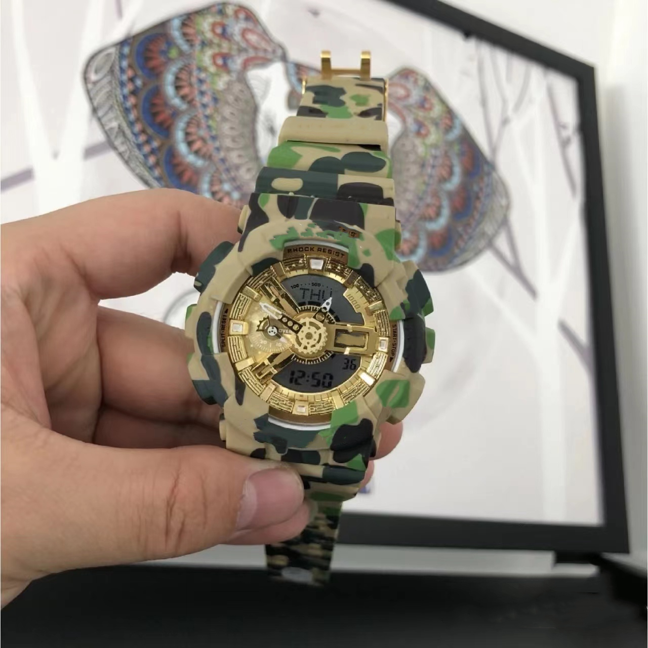 

Men's digital Sports Quartz Watch Camo waterproof World Time Automatic hand light LED Oak series full function large dial