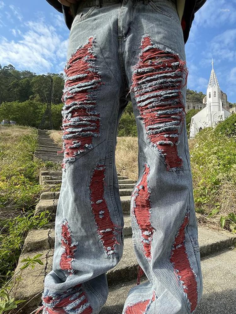 

Men' Jeans HOUZHOU Y2K Ripped Patchwear Distressed Pants Men Hip Hop Punk Goth Red Denim Trousers Male Vintage Japanese Streetwear, Blue