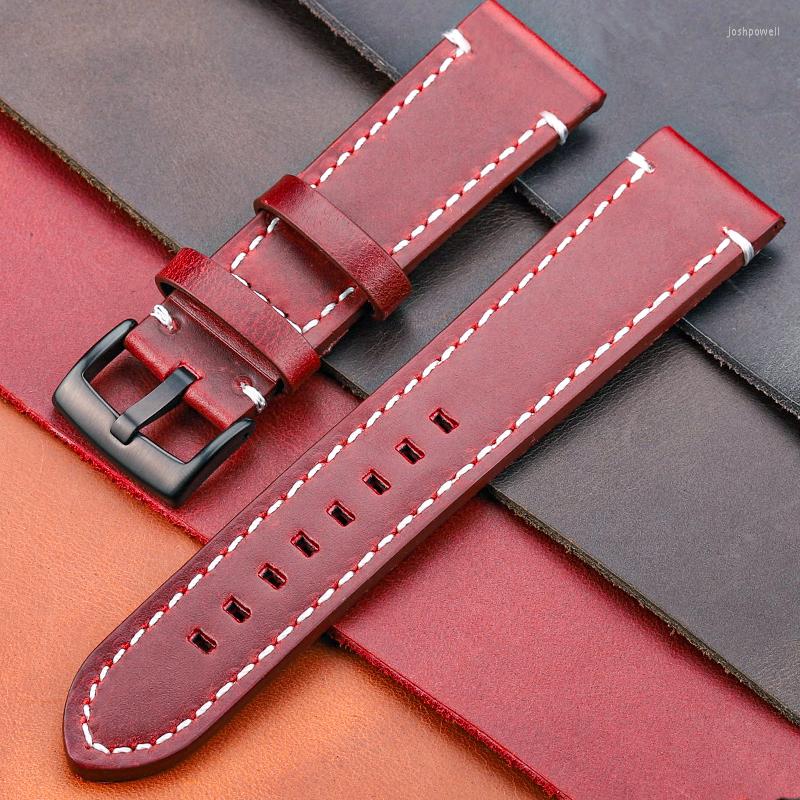 

Watch Bands HENGRC Cowhide Strap 18mm 20mm 22mm 24mm Genuine Leather Watchband Manual Men Thick Brown Black Band Belt Buckle