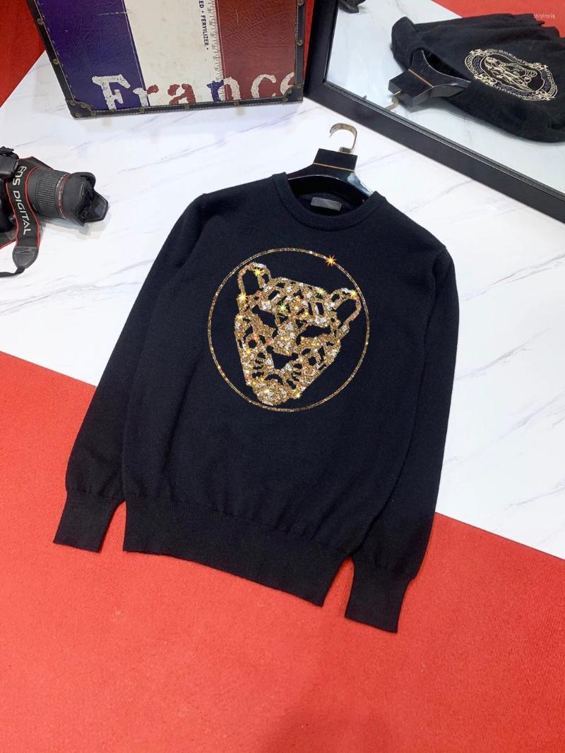 

Men's Sweaters White Hip-Hop Fashion Men's Sweater Front Rhinestone Picture Knitted Thick Pullover Brand Winter Clothing, As shown asian size