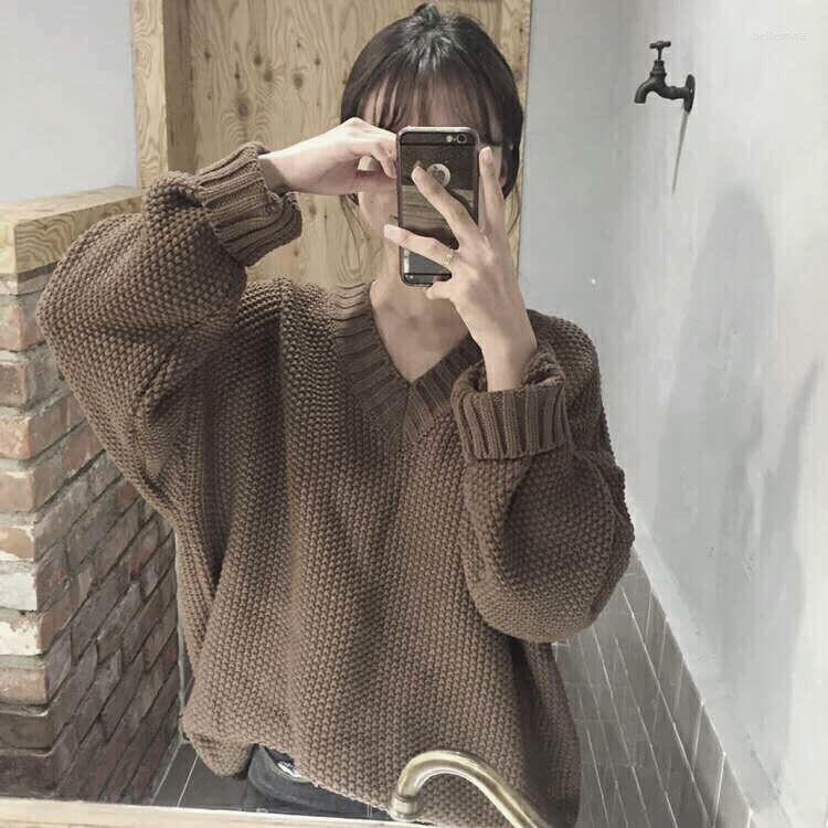

Women's Sweaters 2022 Women's Autumn Winter Fashion Loose Sweater Bottoming Tops Female V-neck Pullover Ladies Solid Color Knitted O351, Camel