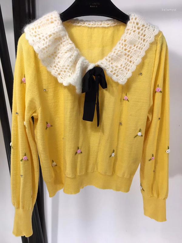

Women' Sweaters Brand Fashion Women High Luxury Spring Autumn Elegant Lovely Bowknot Diamond Mohair Wool Flower Sweater, Yellow
