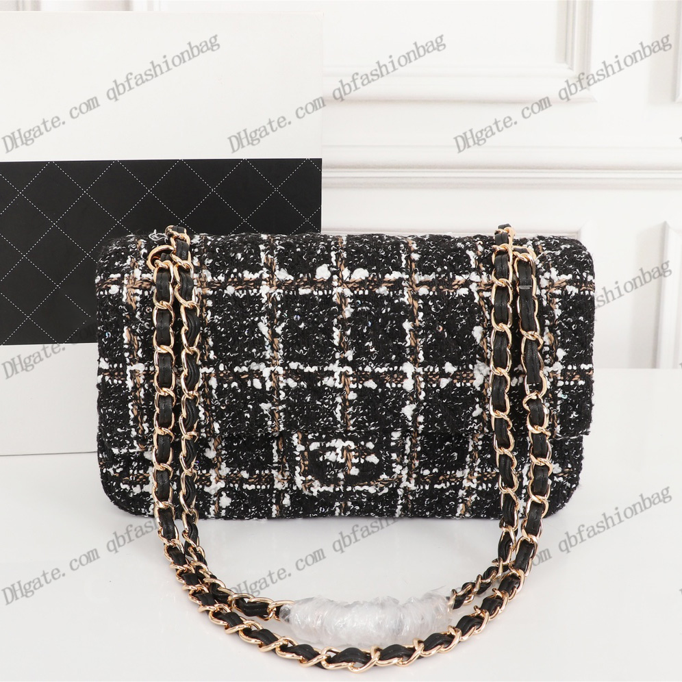 

French Classic Tweed Double Flap Crossbody Bags Quilted Matelasse Gold Metal Chain Shoulder Sacoche Designer Multi Pocket Jumbo Hadbags Large Capacity Purse 25CM, Box
