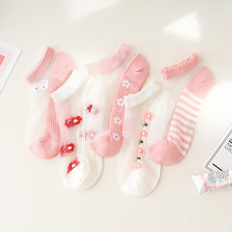 

Women Socks 5 Pairs Summer Ultra-thin Transparent Glass Fiber Silk Striped Fashion Daisy Flower Japan Casual Ankle