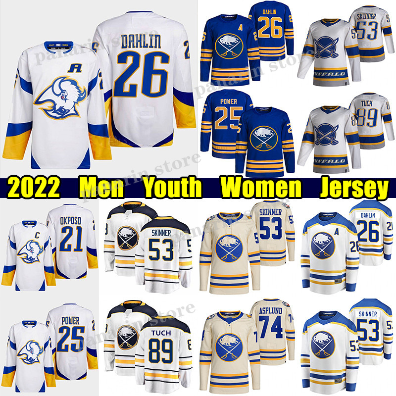 

#26 Rasmus Dahlin Reverse Retro hockey jersey #21 Kyle Okposo Sabres#25 Owen Power Jeff Skinner Rasmus Asplund Alex Tuch Zemgus Girgensons jerseys, White new reverse retro youth