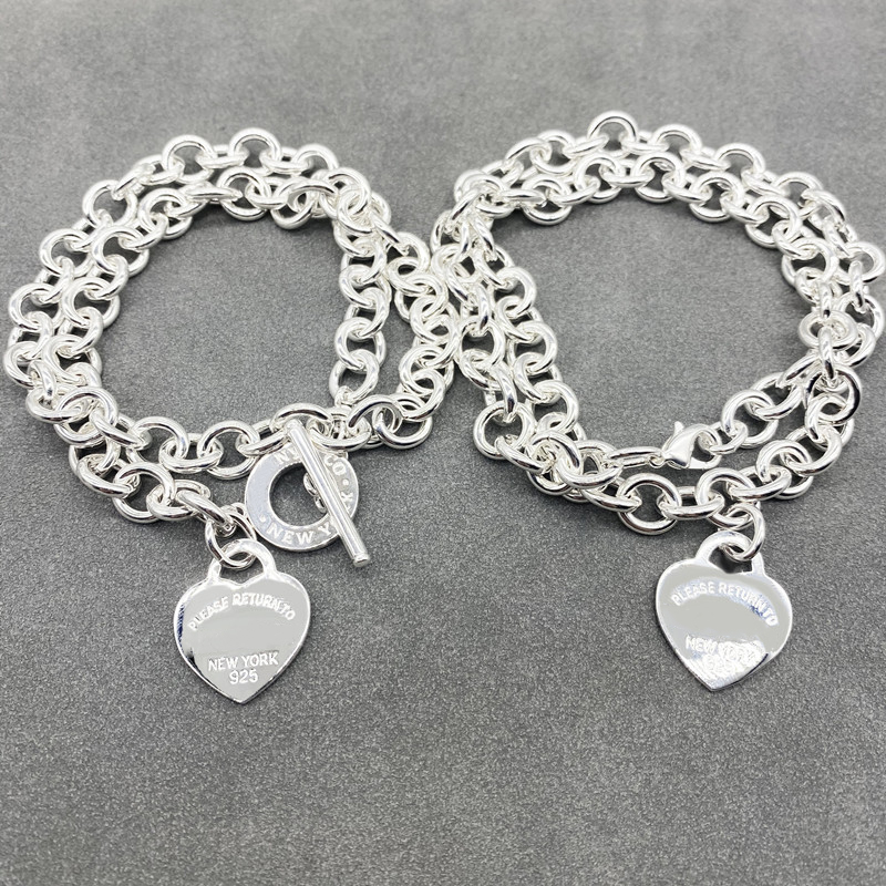 

925 Silver LOVE Necklace Bracelet Jewelry Sets womens Birthday Gift designer Heart jewelry Wedding Statement Pendant bracelets Necklaces Bangle Luxury blue box