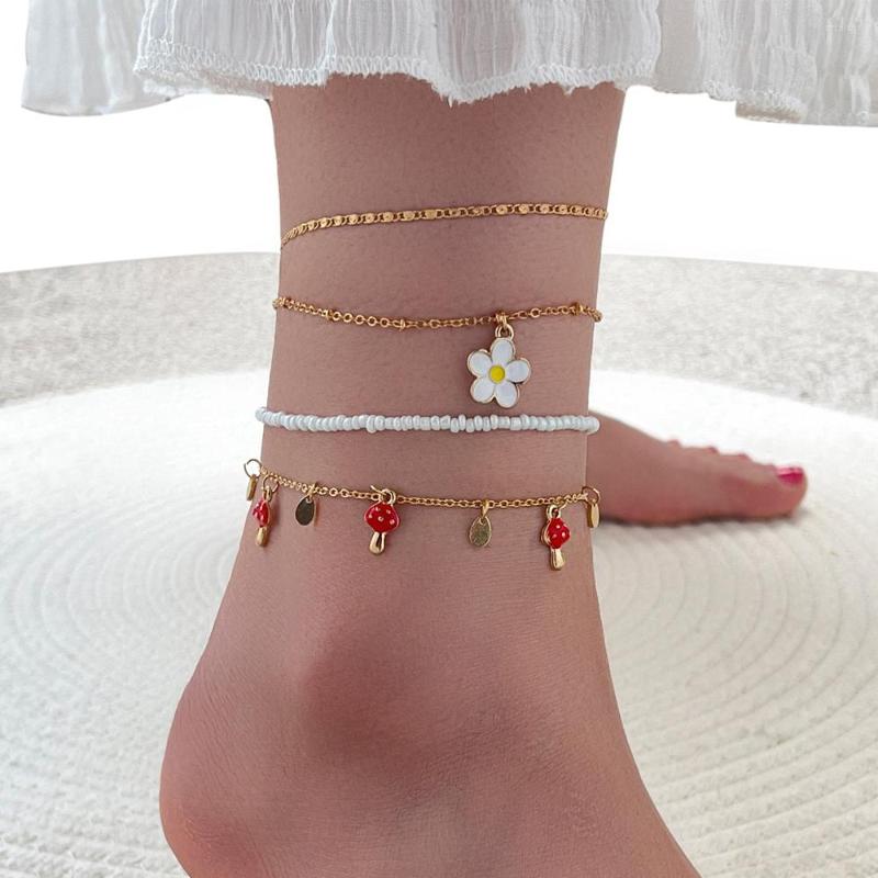 

Anklets Simple Perk Multi-layer Mushroom Pendant White Flower Beaded String Chain Bohemia Style 4-Piece Anklet 2022