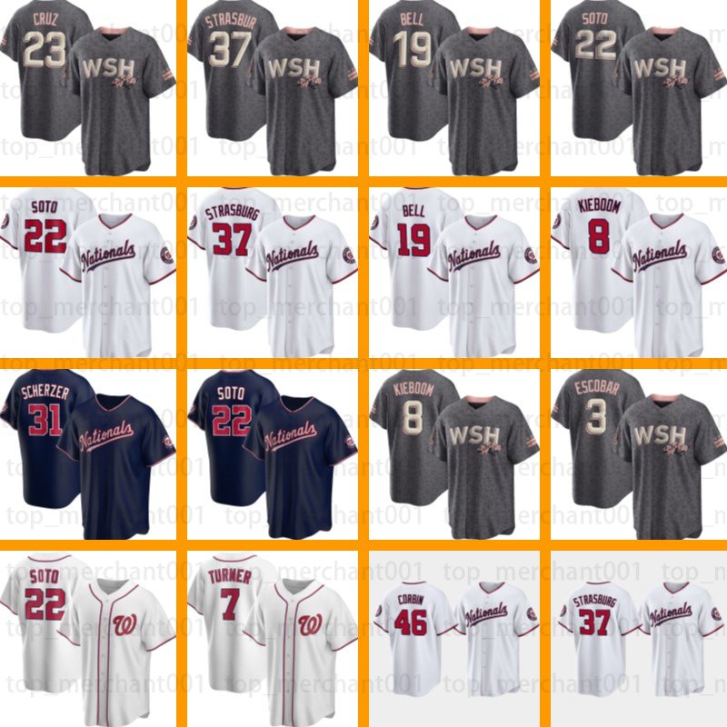 

College wear Washington 2022 New Nationals Baseball Jersey 22 Juan Soto 8 Carter Kieboom 37 Stephen Strasburg 19 Josh Bell 20 Keibert Ruiz, Custom men jersey