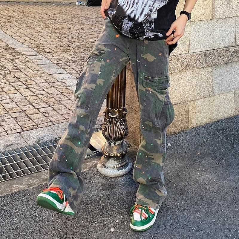 

Pants Fashion Galleryes Designer Casual dept High Street Sand Washed Old Camouflage Flared the Same Denim Wide Leg Overalls Trend, Color fan