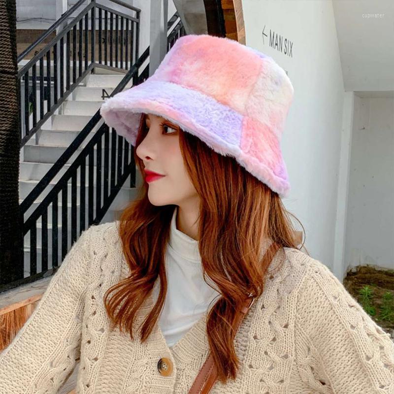 

Berets Fashion Winter Autumn Soft Warm Tie-Dye Bucket Hat Women Lady Wild Plush Furry Panama Fishermen Cap Outdoor Windproof Bonnet, Style 3