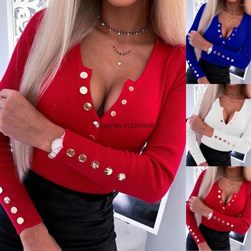 

Women' Sweaters -XXXXXL Womens Pullover V-Neck Button Shirts Autumn Winter Knitted Sweatshirt Solid Color Long Sleeve Tops Blouse Ladies, Blue