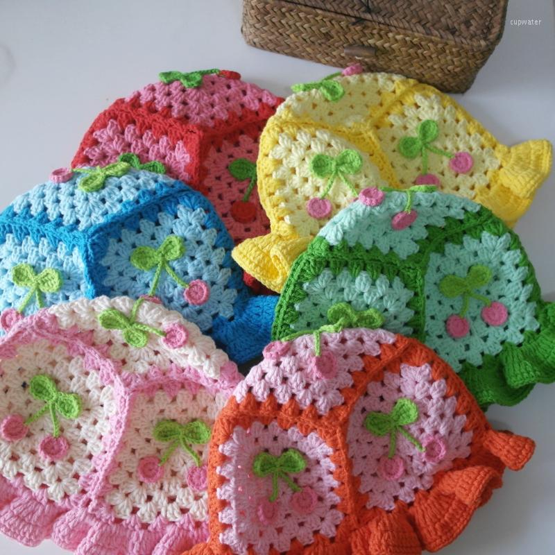

Berets 2022 Korea Cherry Pure Hand Crocheted Red Sweet Cute Breathable Women Bucket Hat Fashion Decoration Panama Cap, Green