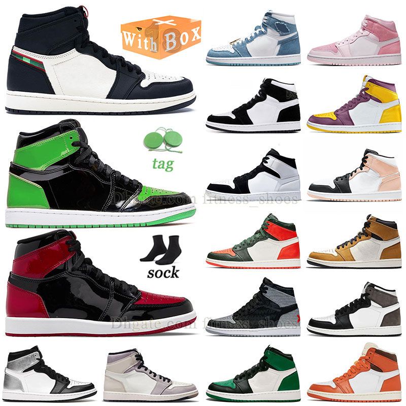 

1s Bred Patent Green Basketball Shoes Jumpman 1 with Box Designer Outdoor Sneakers Mid Diamond Digital Pink Apricot Orange Denim Midnight Navy Blue J1, A10 36-46 unc