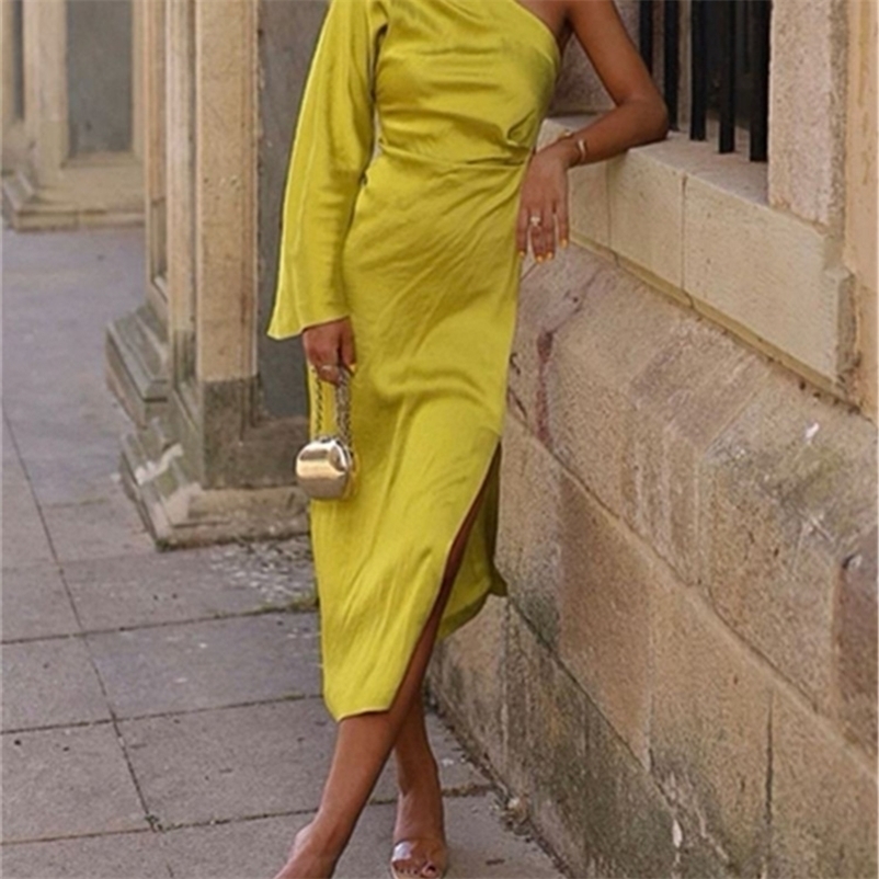 

Casual Dresses PB ZA summer women's French elegant asymmetrical high waist silk satin texture pleated long dress 7771 451 221108, Green