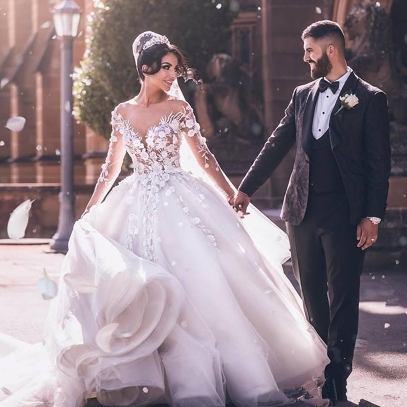 2023 New Ball Gown African Wedding Dresses Crystal Long sleeve Beach Wedding Gowns Cheap Princess Country Bridal Gowns-image-817389962