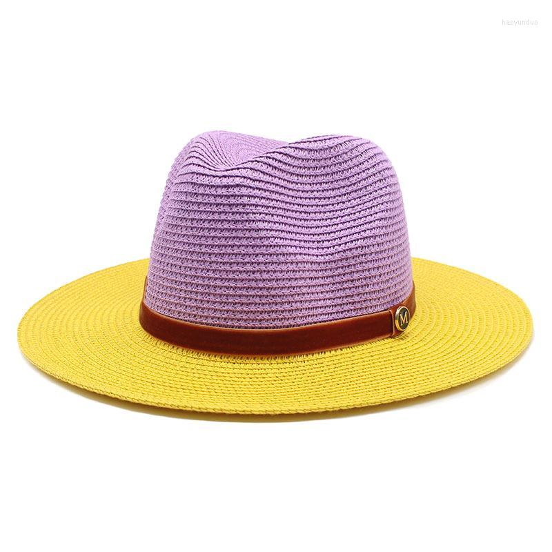 

Wide Brim Hats Summer Straw Hat For Men Women Sun Beach Jazz Panama Fedora Stitching Color Cap With Leather Belt 2022