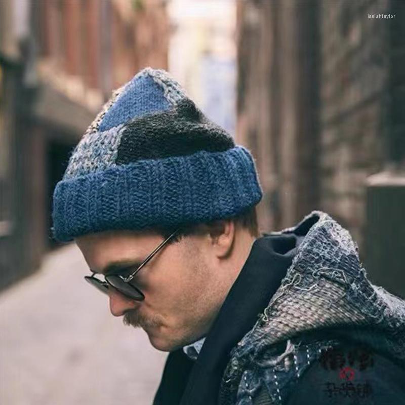 

Berets Kapital Japan Casual Handmade Men's And Women's Knitted Wool Blended Retro Stitching Geometric Color Block Adjustable Warm, Blue