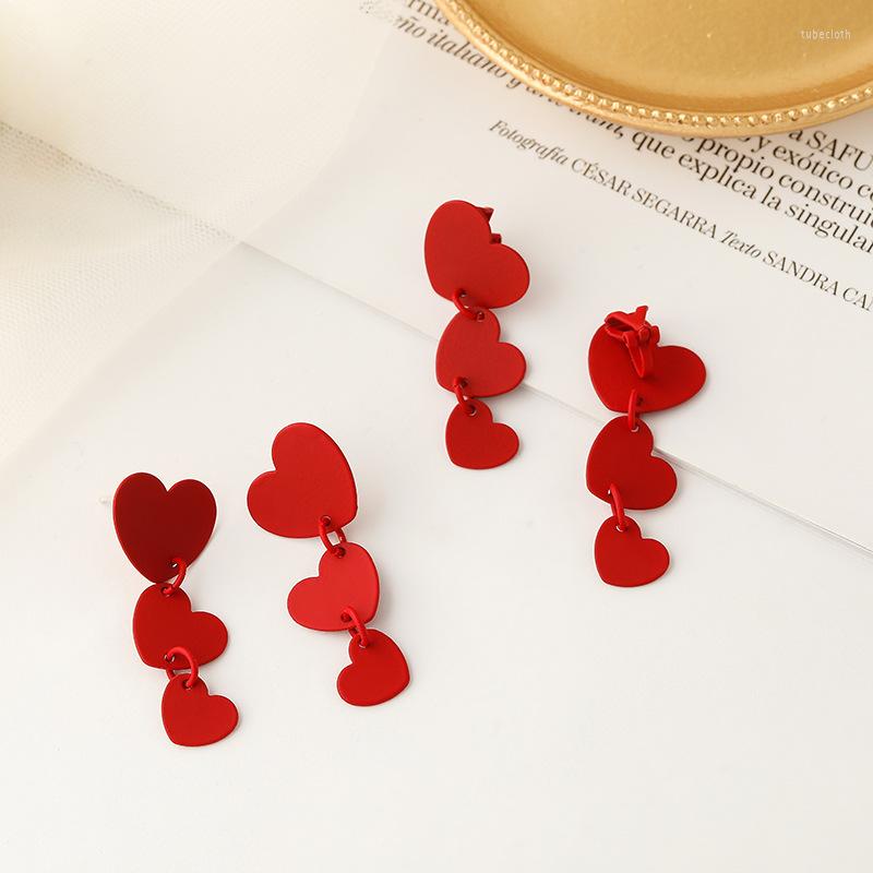 

Backs Earrings Chinese Year Gifts Fashion Red Love Heart Clip Women Cute Simple Three On Without Piercing