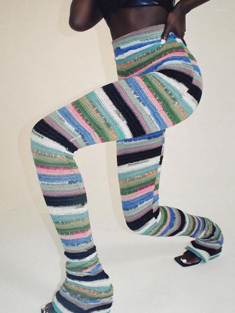 

Women' Pants Tawnie 2022 Autumn Winter Colorful Striped Knitted High Waist Women Skinny Pencil Trousers Streetwear Outfits Casual, Yellow