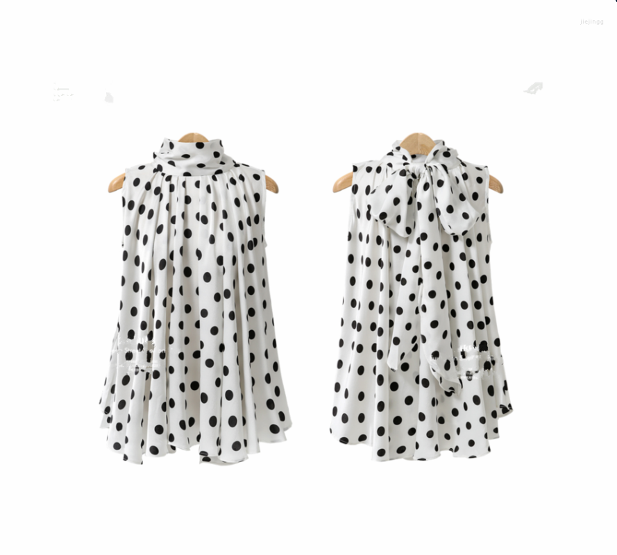 

Women's T Shirts Fashion Women Chiffon Turtleneck Sleeveless Shirt Polka Dot Slim Tees Office Lady Clothes Outwear, White