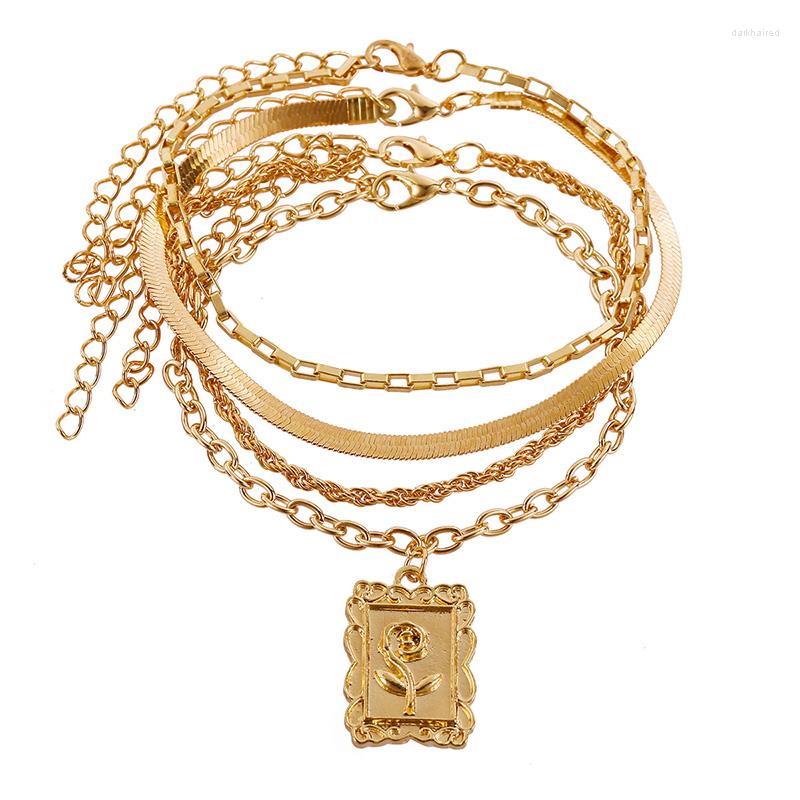 

Anklets Womens Multilayer Snake Chain Square Rose Tag Pendant Ankle Bracelet Foot Chains Anklet Sets Summer Beach Jewelry
