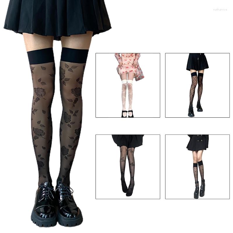 

Women Socks Long Lolita Thigh High Stockings Floral Plaid Butterfly Jacquard Patterned Over Knee Sexy Cosplay