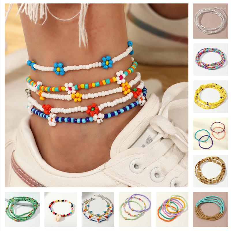 

Anklets Colorful Czech Glass Seed Beaded Anklet Bracelet Set Cute Star Moon Metal Pendant Handmade Beads Foot For Woman Gift