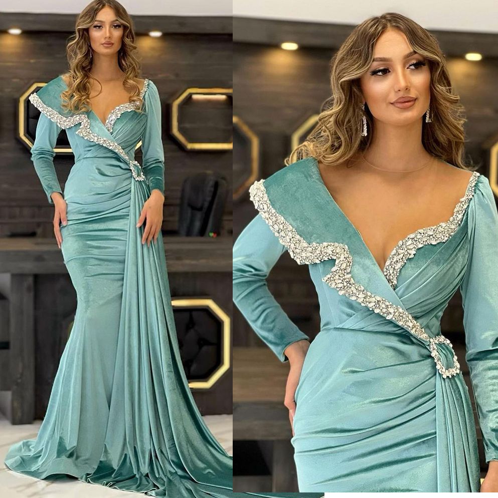 

Fashion Beads Mermaid Evening Dresses Simple V Neck Full Sleeve Prom Dress Crystal Formal Party Gowns Custom Made, Hunter green