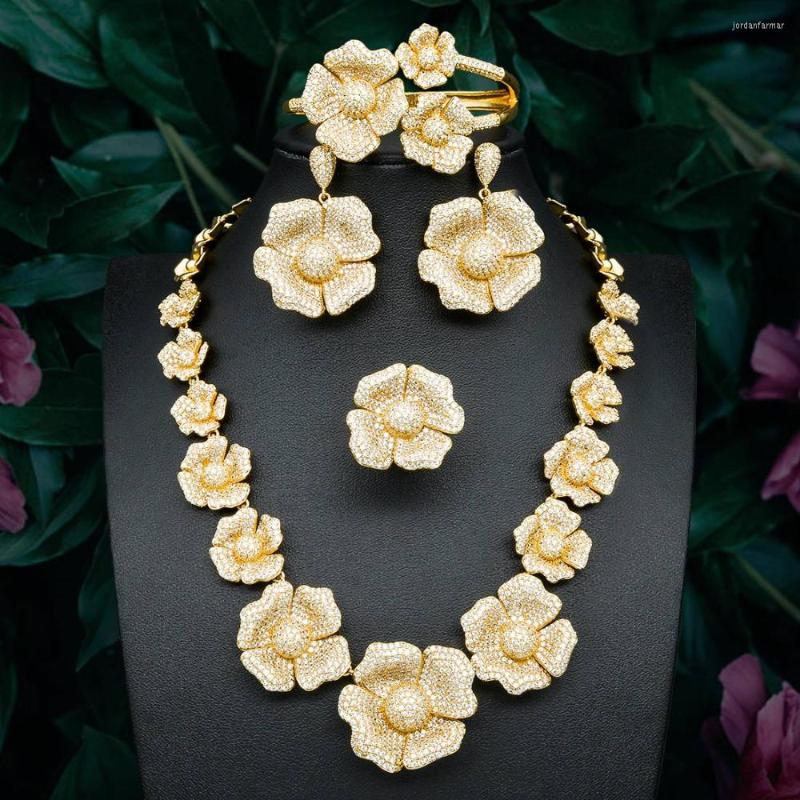

Necklace Earrings Set ModemAngel Luxury Flower Blossom Full Micro Cubic Zirconia Women Wedding Dress Bangle Earring Ring Jewelry, Picture shown
